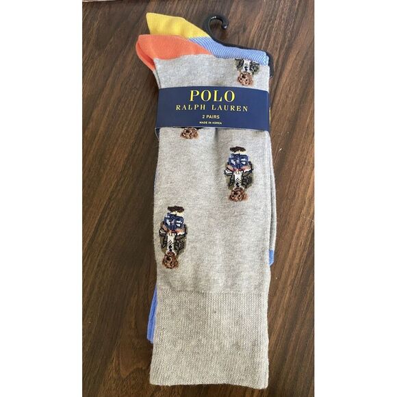 NWT‎ Polo Ralph Lauren Gray All Over Bear & Blue Solid Cotton Blend Socks 2-Pack - Picture 2 of 7